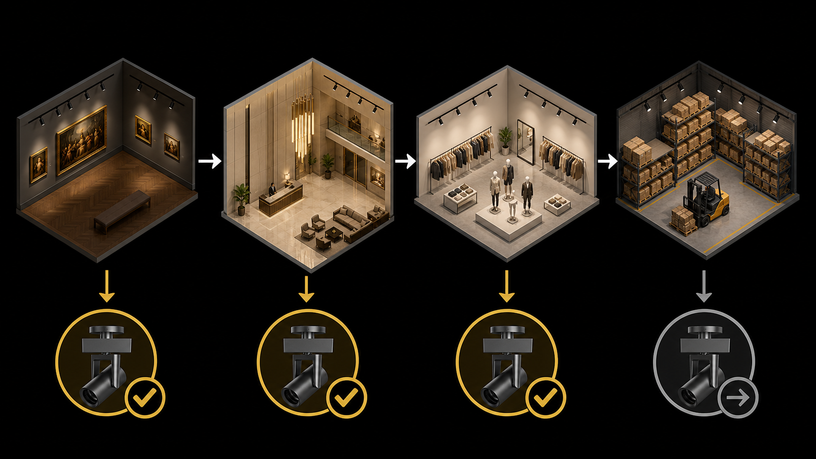 Motorized vs Traditional Track Lighting Side-by-side icon sequence: traditional track light installation with snap and plug steps, motorized track light installation with snap and smartphone app pairing steps.